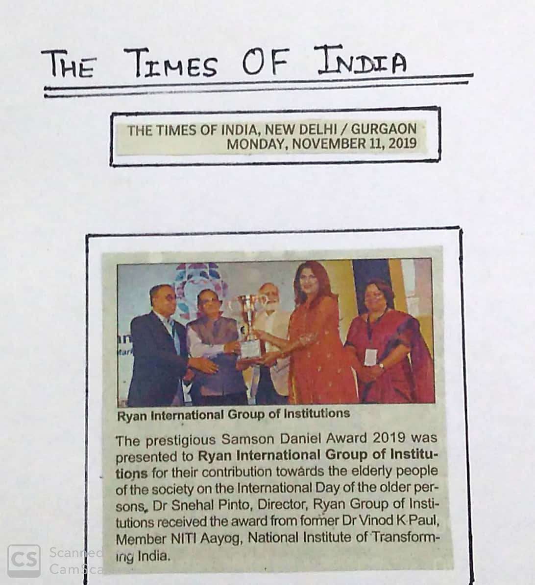 Ryan International Group of Institutions was presented the Samson Daniel Award 2019 for their contribution towards the elderly people of the society - Ryan International School, Sec 31 Gurgaon
